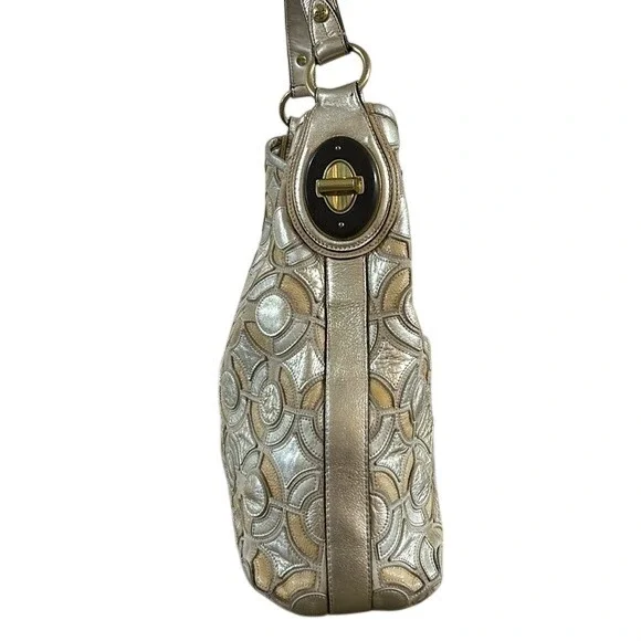 Coach Kristen Hobo Op Art Silver Gold Shoulder Bag Patchwork Beige Leather Purs - Picture 4 of 16